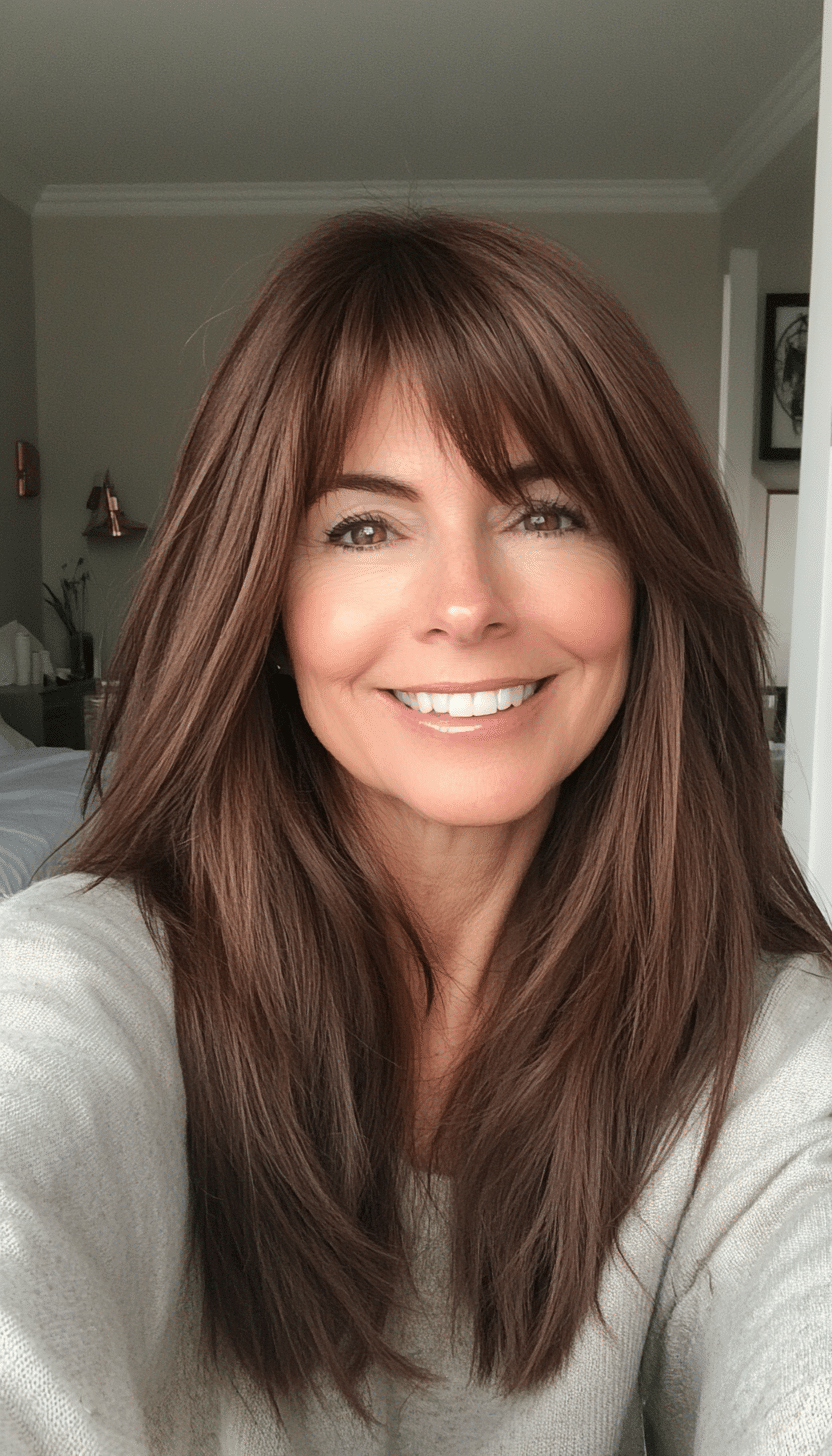 16. Sweeping Fringe in Mocha Brown (Haircuts For Older Women With Thinning Hair) - Haircuts For Older Women With Thinning Hair