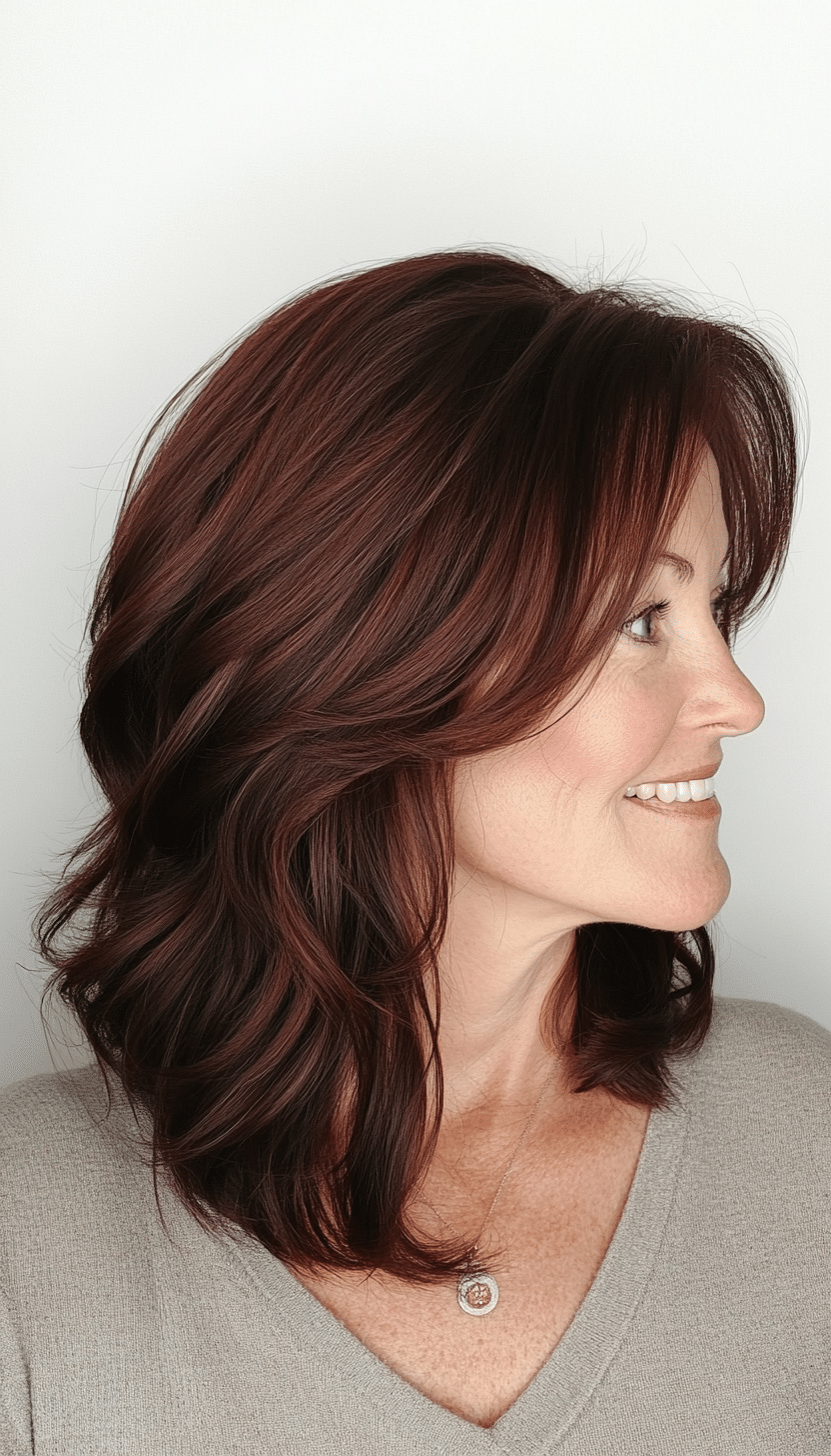 22. Dynamic Tousled Lob - Dark Auburn (Hairstyles For Women Over 60 Thin Hair) - Hairstyles For Women Over 60 Thin Hair