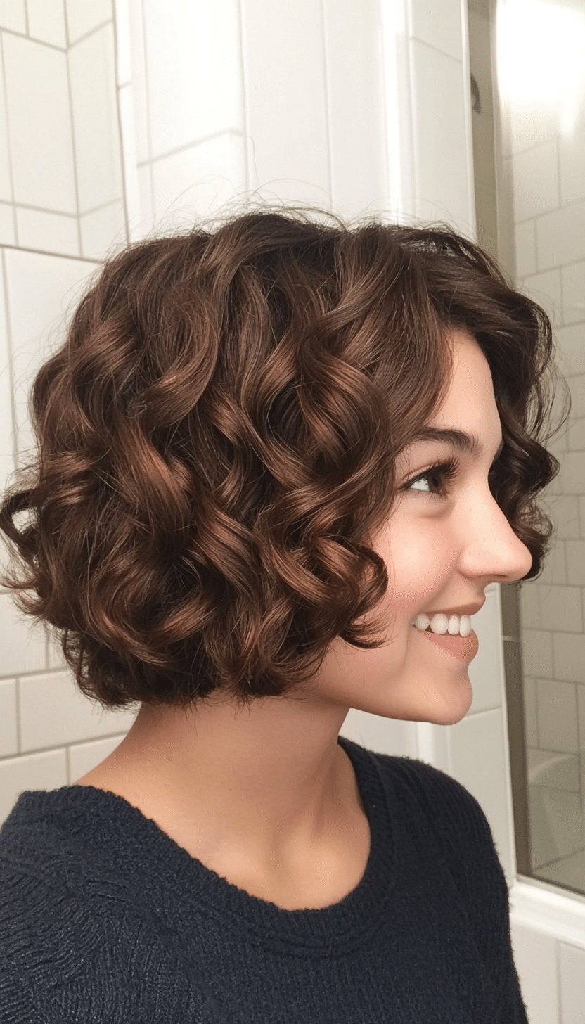 16. Warm Brunette Curly French Bob (Short Curly Hairstyles For Women) - Short Curly Hairstyles For Women