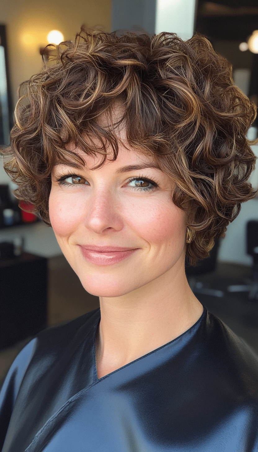 27. Soft Walnut Curly Feathered Cut (Short Curly Hairstyles For Women) - Short Curly Hairstyles For Women