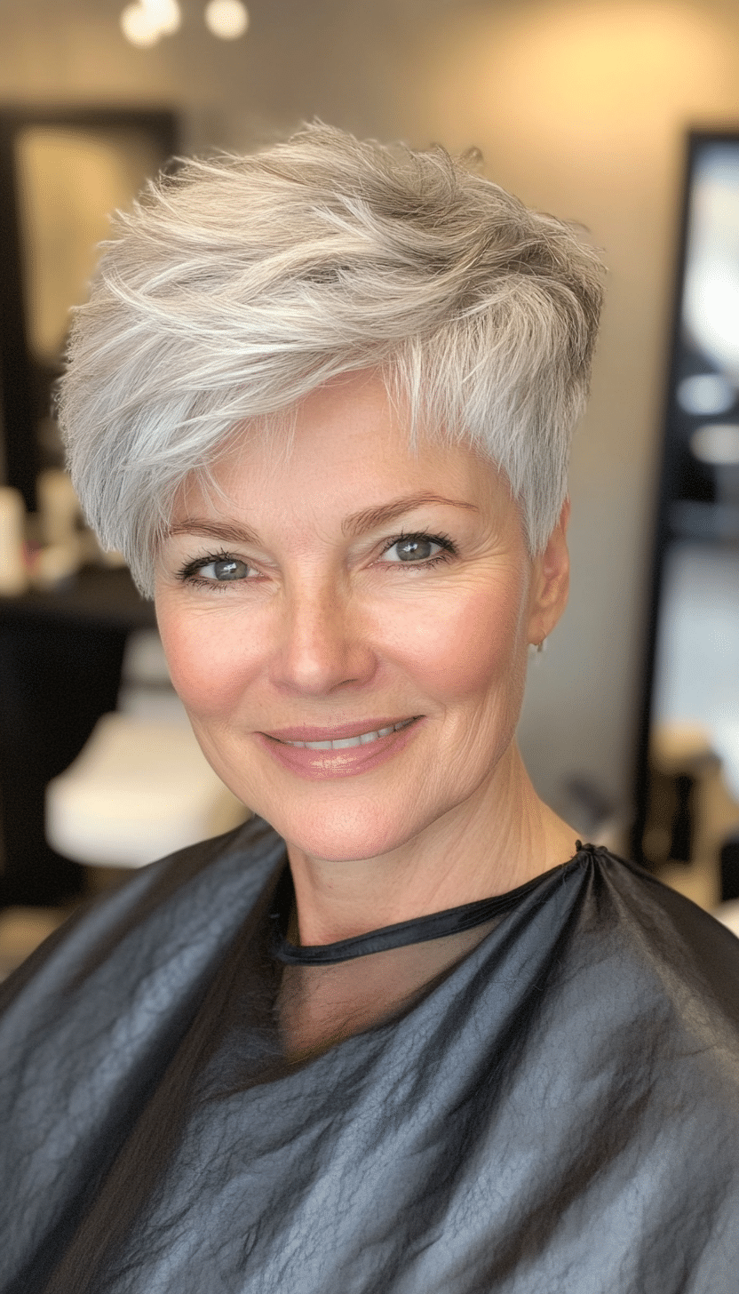 3. Feathered Silver Pixie (Layered Haircuts For Women Over 50) - Layered Haircuts For Women Over 50