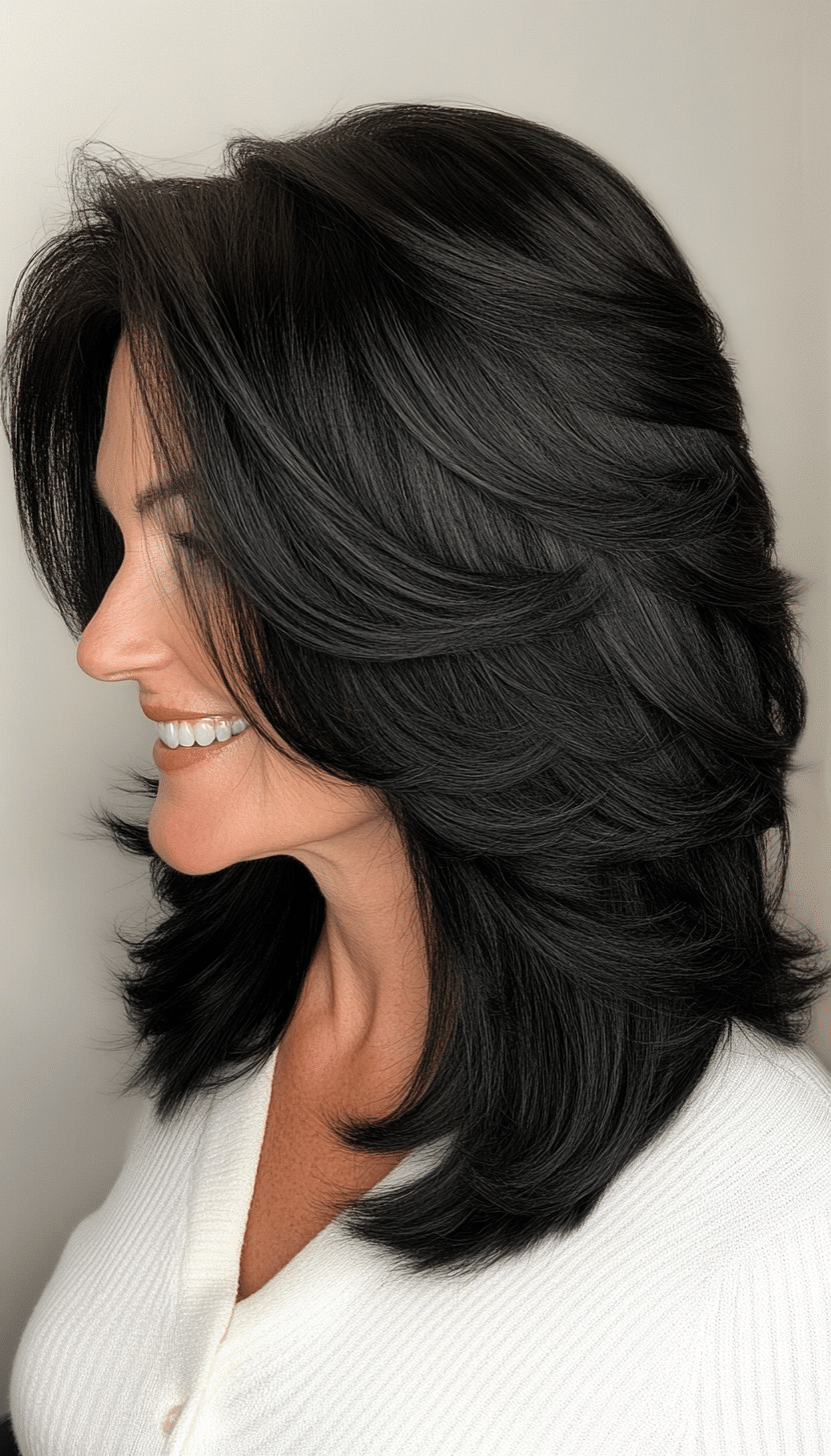 9. Rich Black Feathered Layers (Layered Haircuts For Women Over 50) - Layered Haircuts For Women Over 50