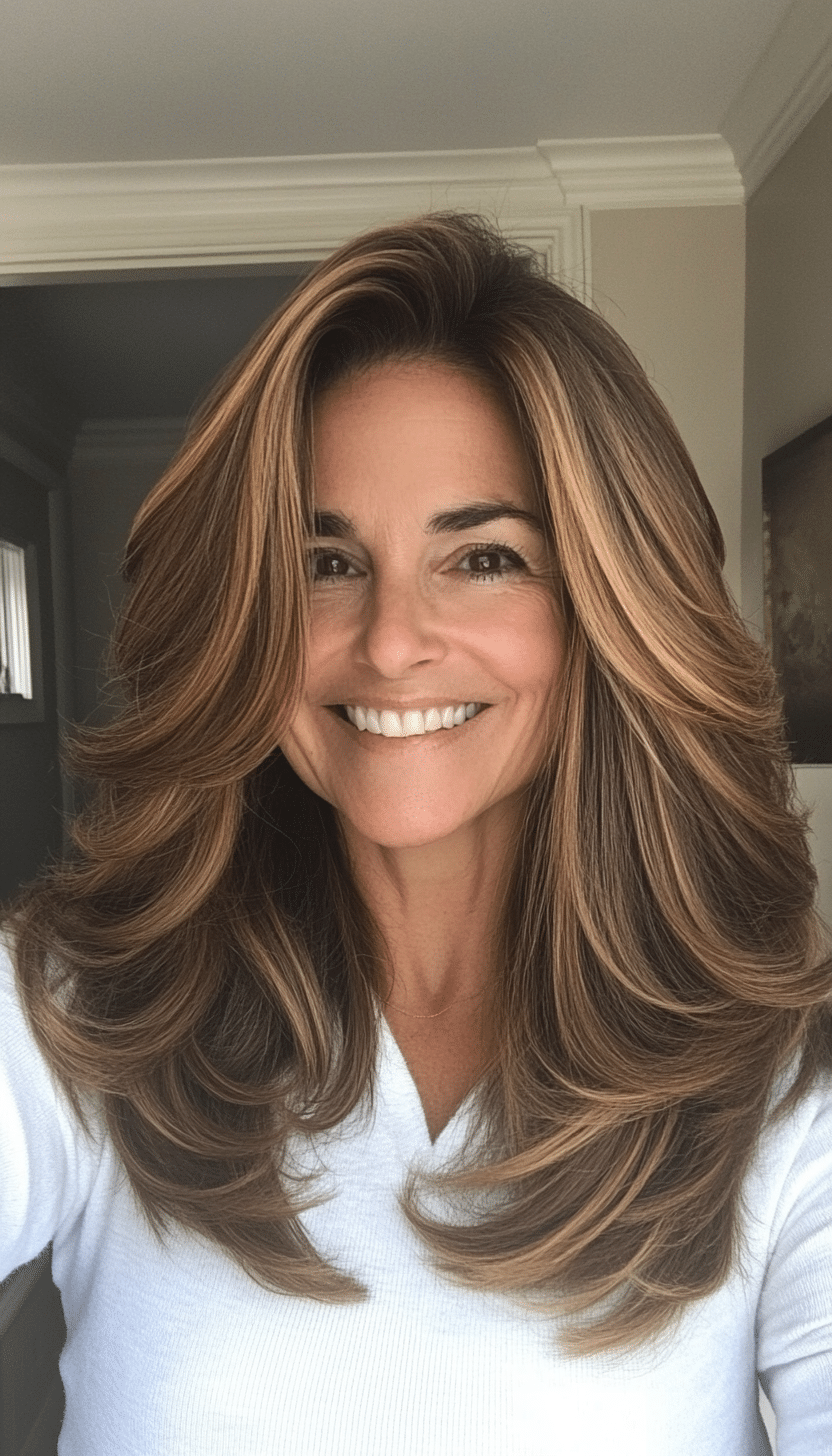 10. Caramel Brown Face-Framing Layers (Layered Haircuts For Women Over 50) - Layered Haircuts For Women Over 50