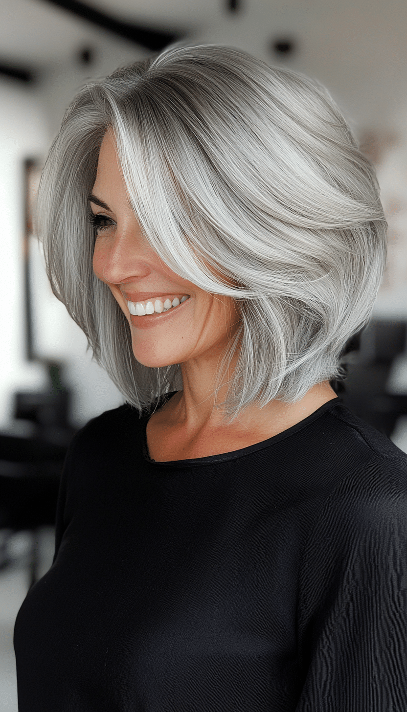 11. Silver Gray Stacked Bob (Layered Haircuts For Women Over 50) - Layered Haircuts For Women Over 50
