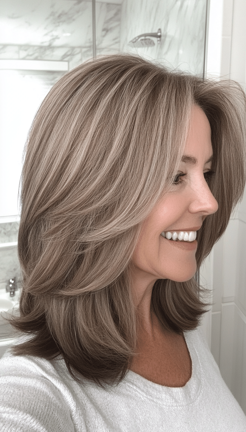 15. Ash Brown Layered Medium Cut (Layered Haircuts For Women Over 50) - Layered Haircuts For Women Over 50
