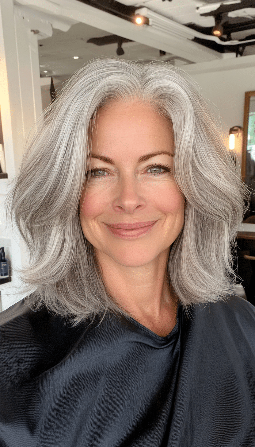 19. Natural Gray Feathered Lob (Layered Haircuts For Women Over 50) - Layered Haircuts For Women Over 50