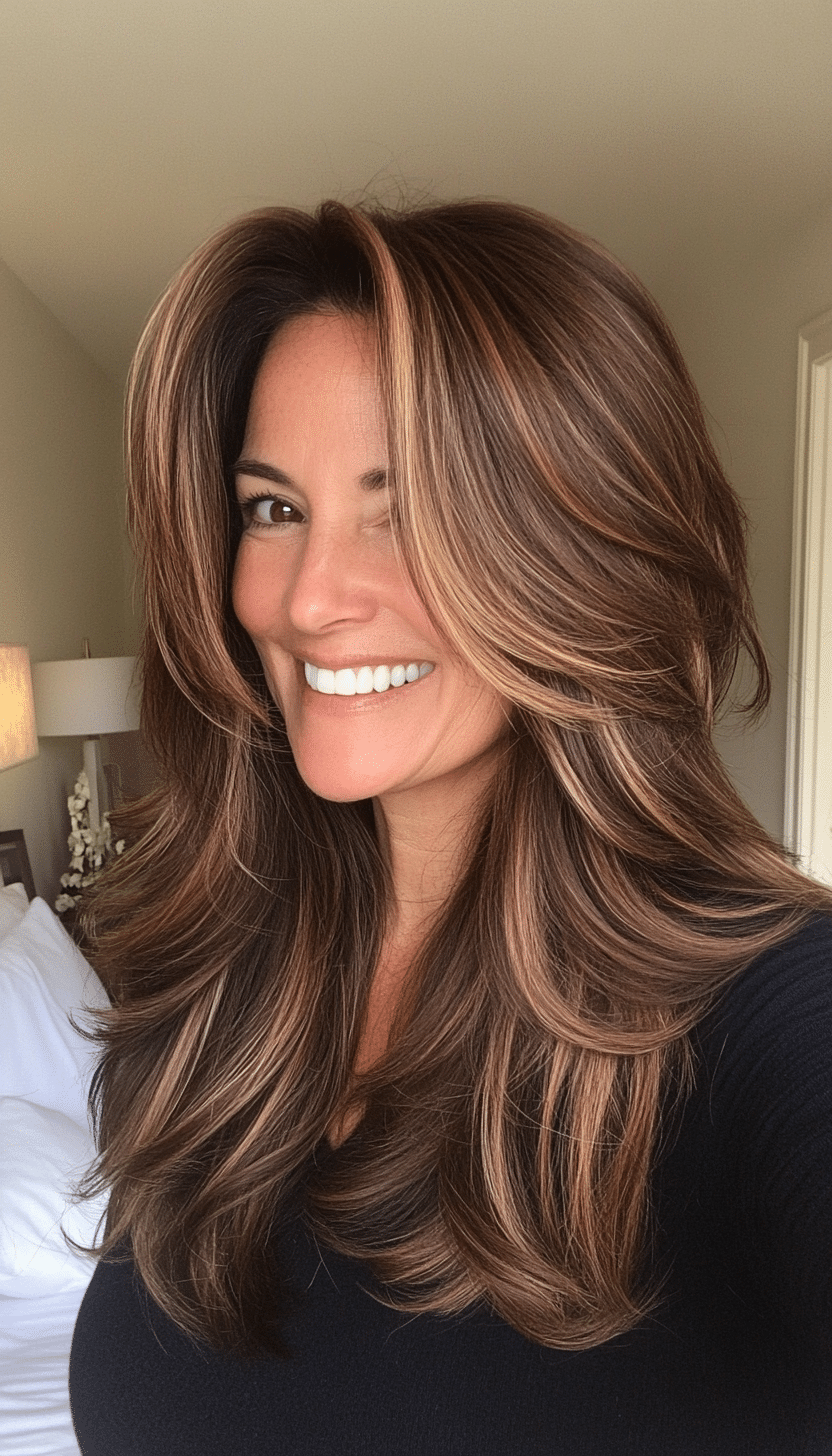 21. Layered Warm Brunette Waves (Layered Haircuts For Women Over 50) - Layered Haircuts For Women Over 50