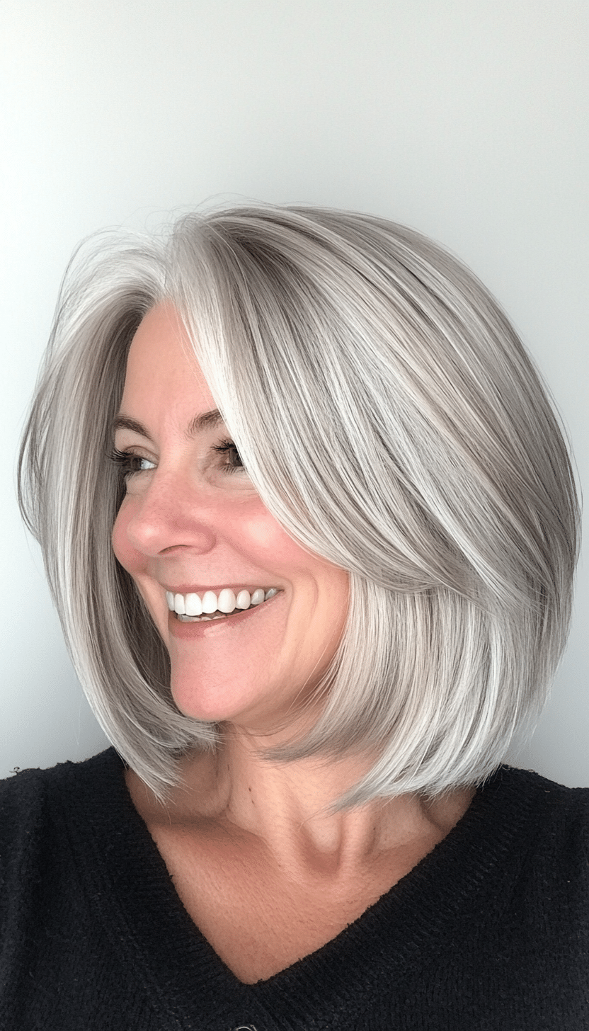 22. Silver Blonde Layered Bob (Layered Haircuts For Women Over 50) - Layered Haircuts For Women Over 50