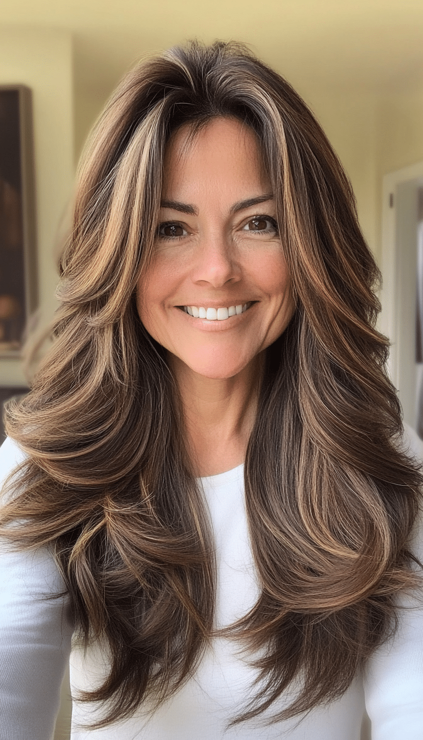 25. Mocha Brown Long Textured Layers (Layered Haircuts For Women Over 50) - Layered Haircuts For Women Over 50