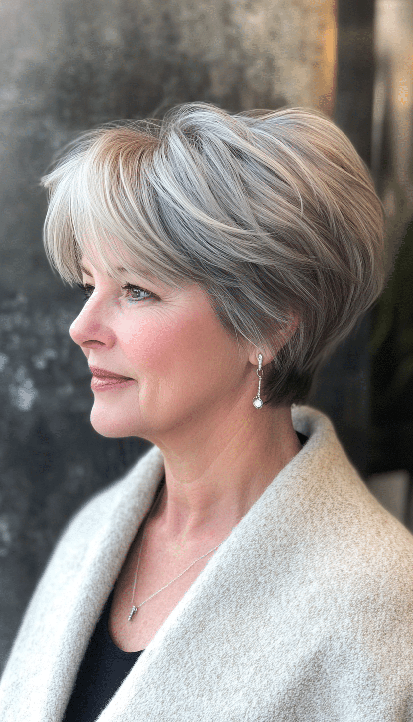 26. Ash Gray Short Stacked Layers (Layered Haircuts For Women Over 50) - Layered Haircuts For Women Over 50