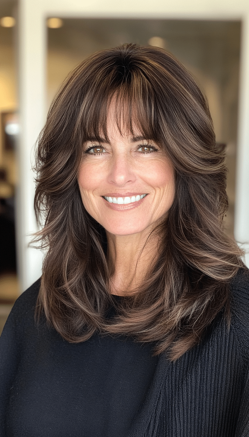 27. Dark Brown Wispy Layered Cut (Layered Haircuts For Women Over 50) - Layered Haircuts For Women Over 50