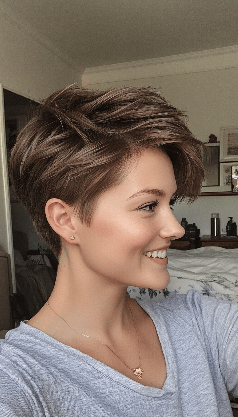 16. Short Feathered Ash Brown Pixie (Very Short Pixie Haircuts) - Very Short Pixie Haircuts