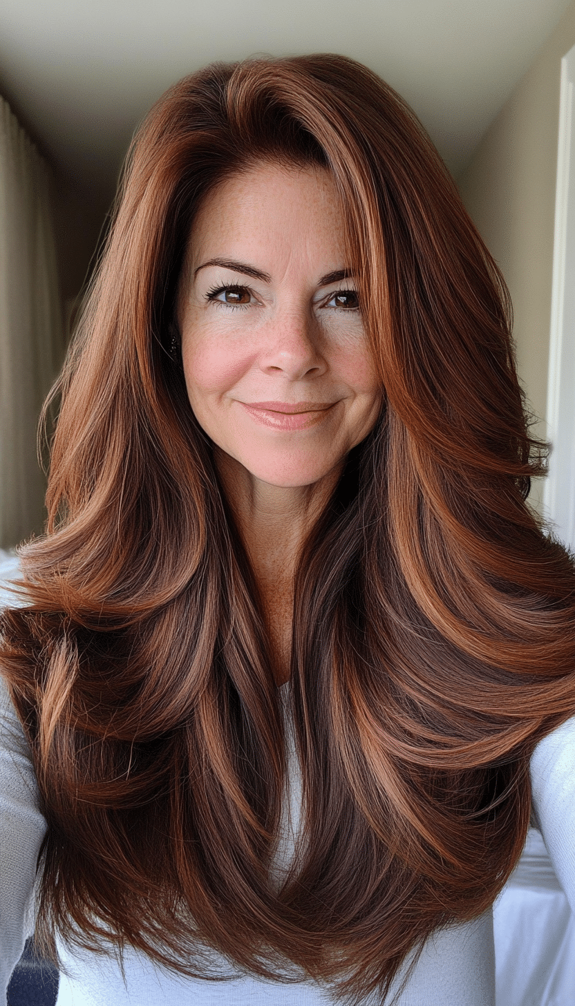 8. Chestnut Brown Long Layers (Layered Haircuts For Women Over 60) - Layered Haircuts For Women Over 60