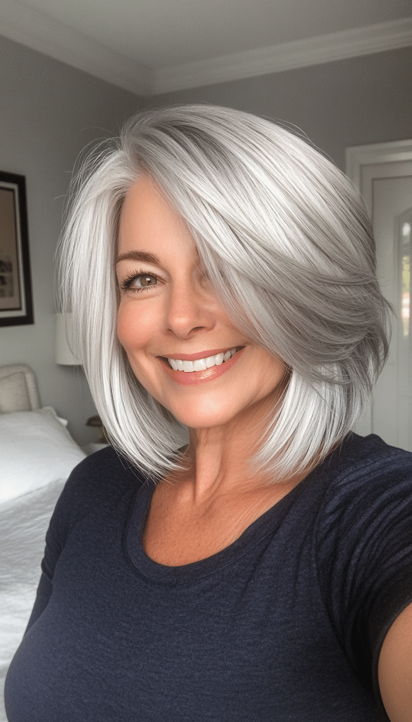 9. Platinum Silver Layered Bob (Layered Haircuts For Women Over 60) - Layered Haircuts For Women Over 60