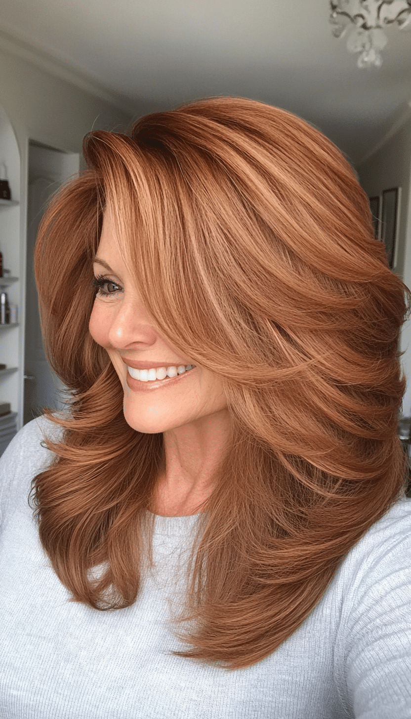 16. Cinnamon Brown Feathered Layers (Layered Haircuts For Women Over 60) - Layered Haircuts For Women Over 60