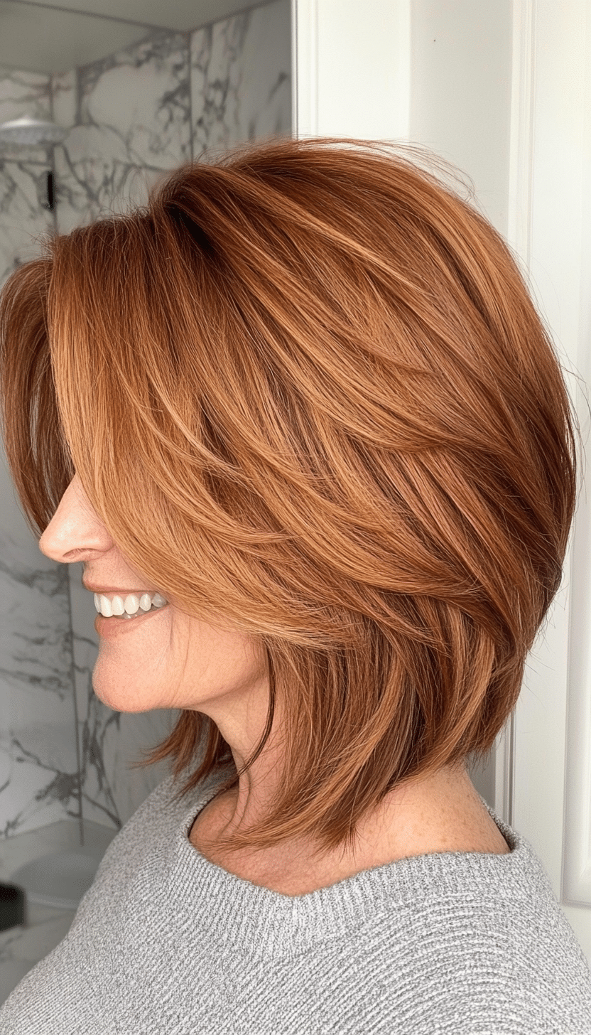 23. Copper Brown Textured Bob Layers (Layered Haircuts For Women Over 60) - Layered Haircuts For Women Over 60