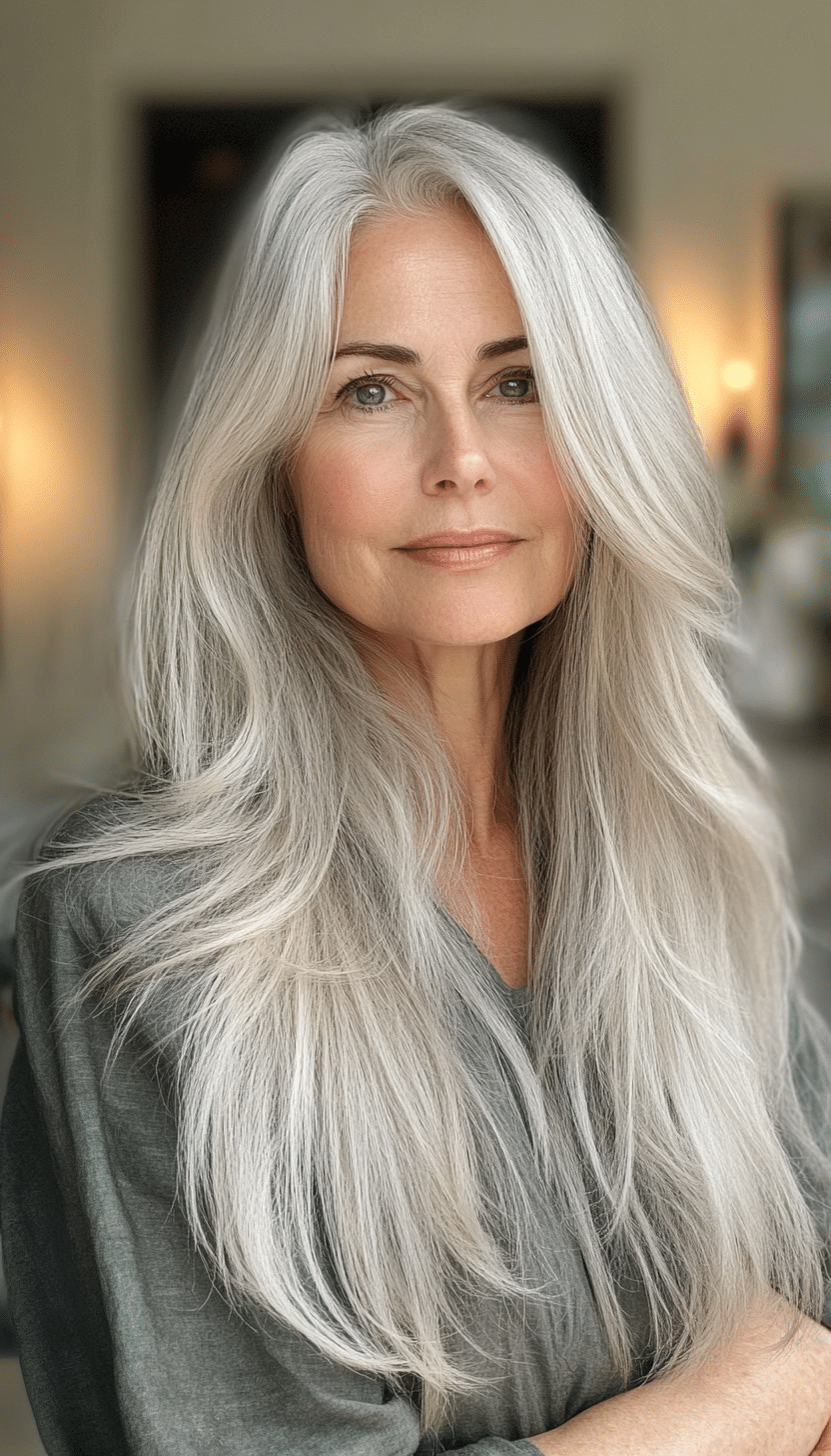 24. Silver Ash Long Feathered Layers (Layered Haircuts For Women Over 60) - Layered Haircuts For Women Over 60