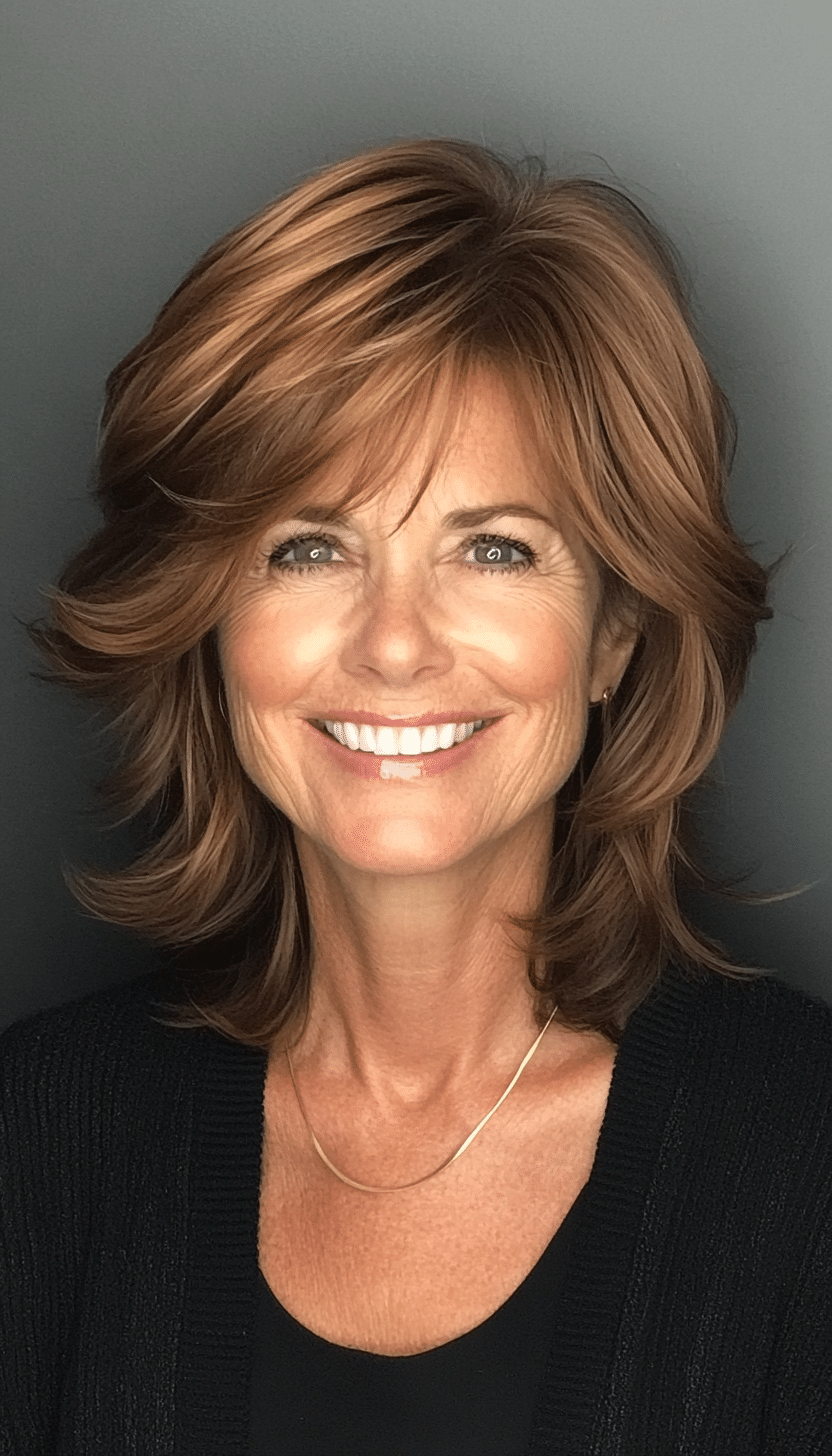 5. Caramel Feathered Lob (Hairstyles For Older Women) - Hairstyles For Older Women