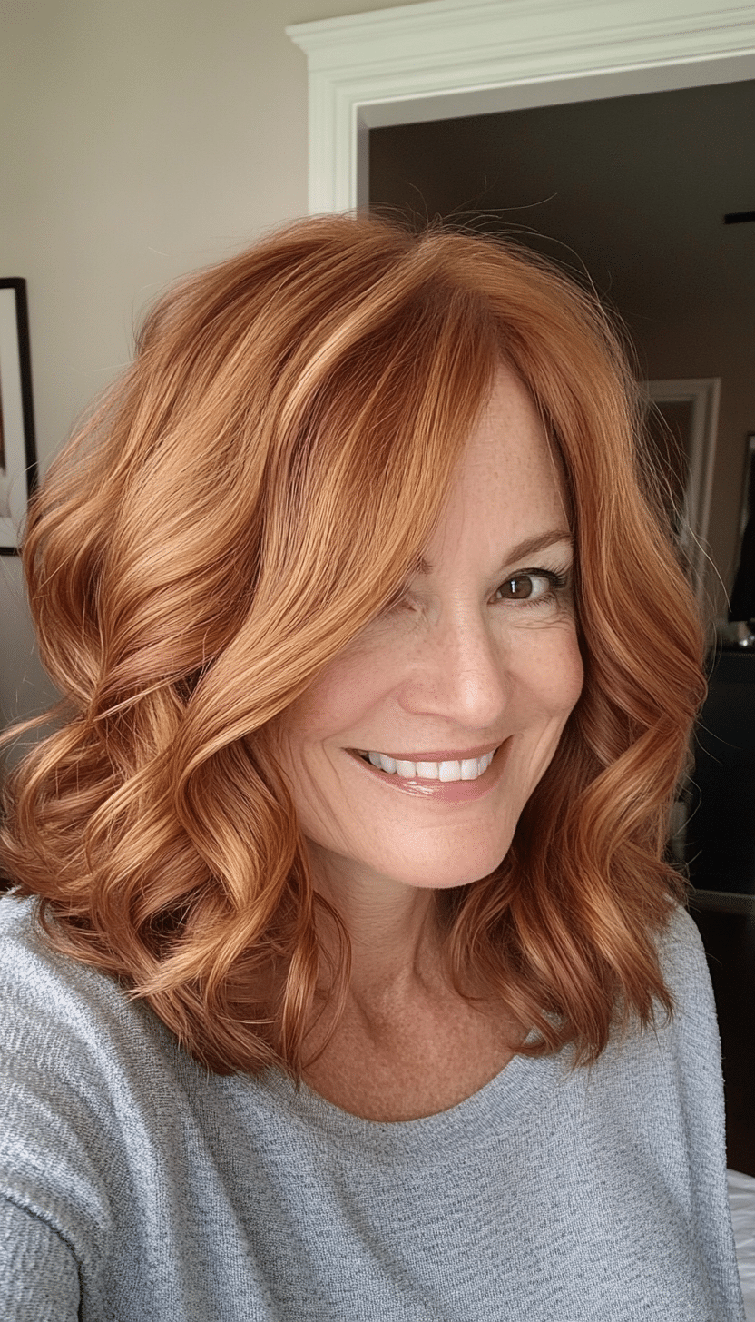 27. Golden Chestnut Wavy Lob (Hairstyles For Older Women) - Hairstyles For Older Women