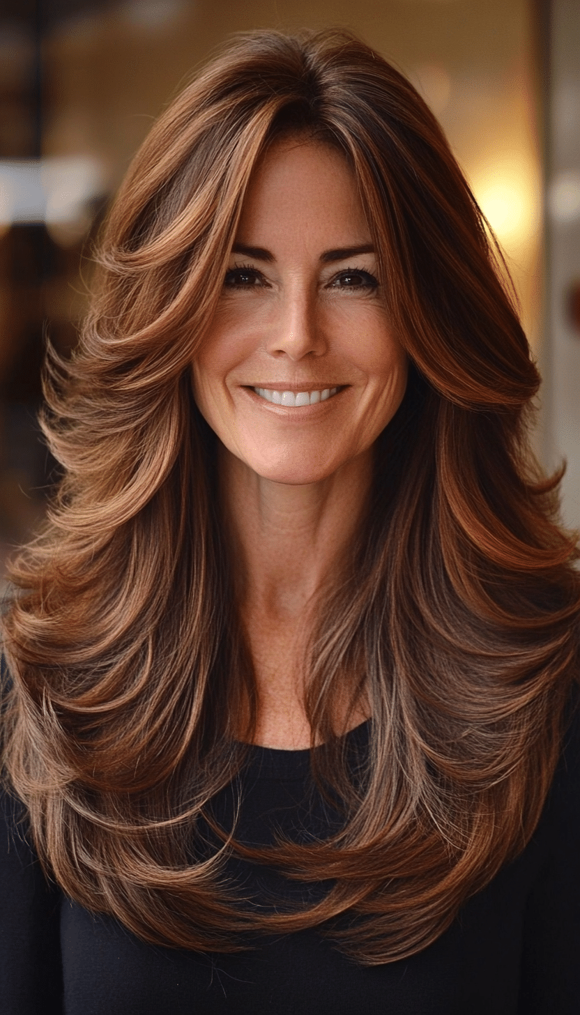 1. Soft Chestnut Feathered Layers (Long Hairstyles For Women Over 40) - Long Hairstyles For Women Over 40