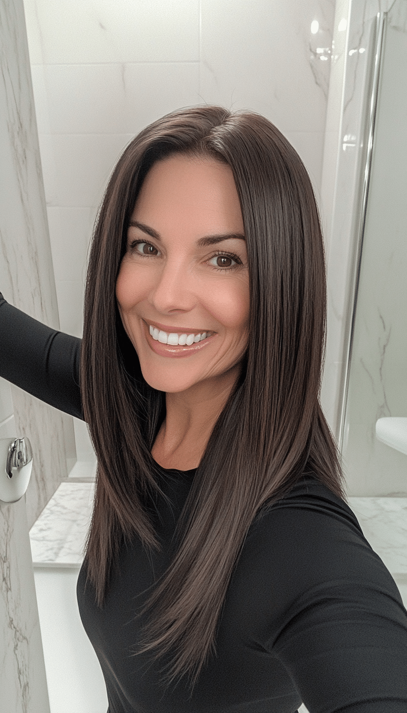 2. Sleek Raven One-Length Cut (Long Hairstyles For Women Over 40) - Long Hairstyles For Women Over 40