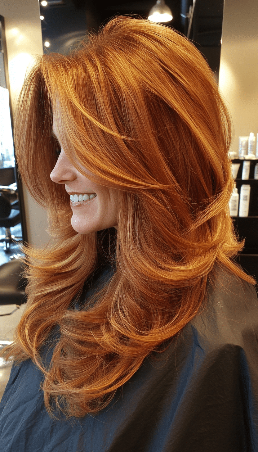 4. Copper Layered Cascade (Long Hairstyles For Women Over 40) - Long Hairstyles For Women Over 40