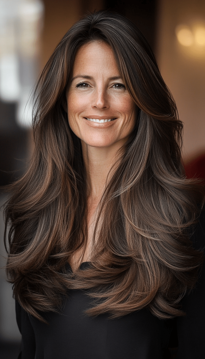 7. Rich Brunette Face-Framing Layers (Long Hairstyles For Women Over 40) - Long Hairstyles For Women Over 40