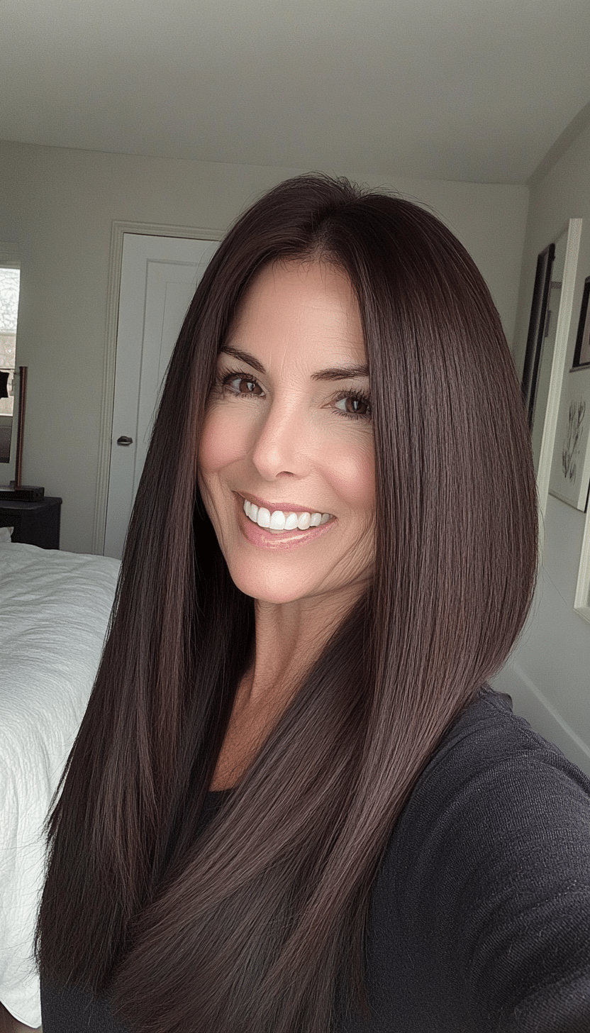 9. Silky Dark Brown Blunt Cut (Long Hairstyles For Women Over 40) - Long Hairstyles For Women Over 40