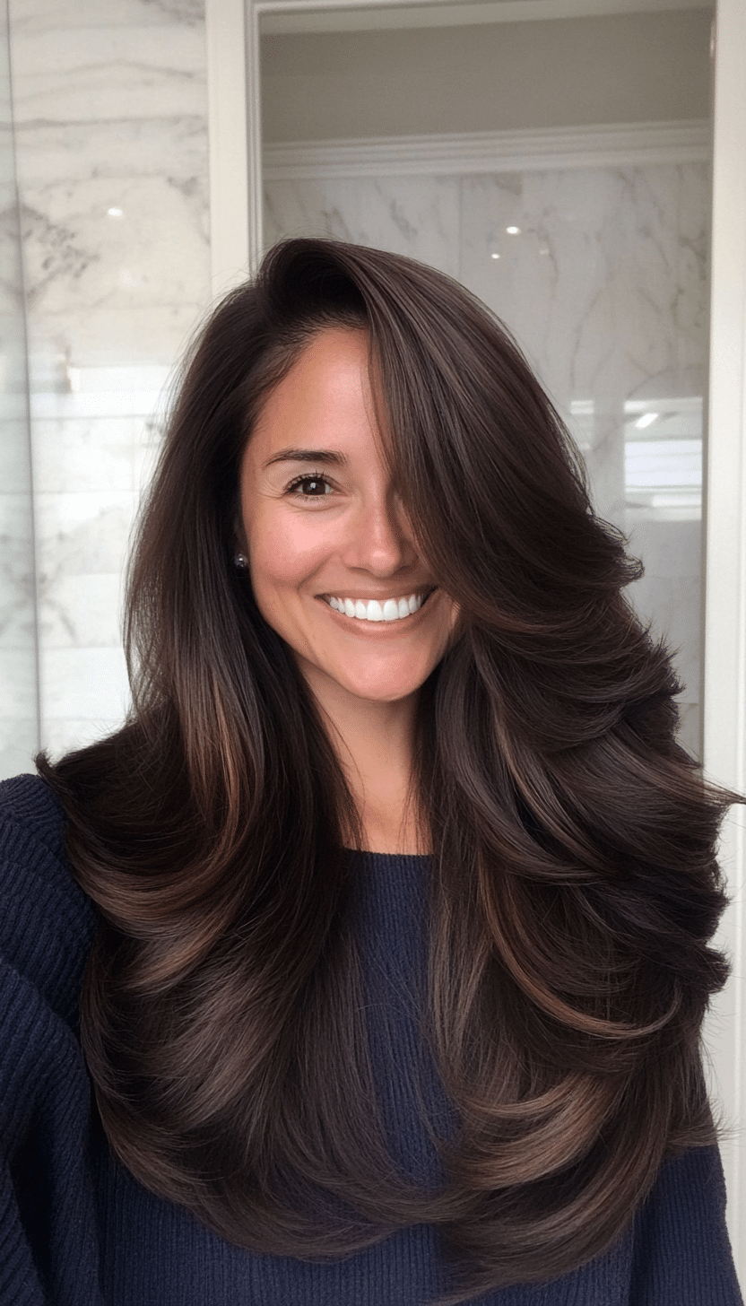 10. Espresso Brown Graduated Layers (Long Hairstyles For Women Over 40) - Long Hairstyles For Women Over 40