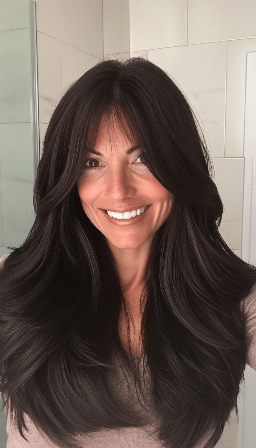 12. Dark Chocolate Long Curtain Bangs (Long Hairstyles For Women Over 40) - Long Hairstyles For Women Over 40