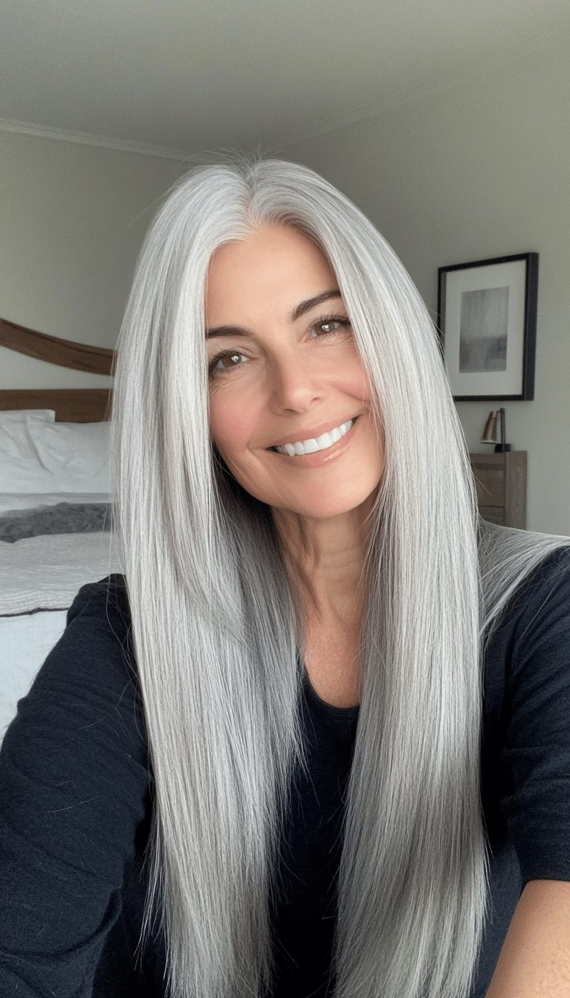 13. Platinum Silver Straight Layers (Long Hairstyles For Women Over 40) - Long Hairstyles For Women Over 40
