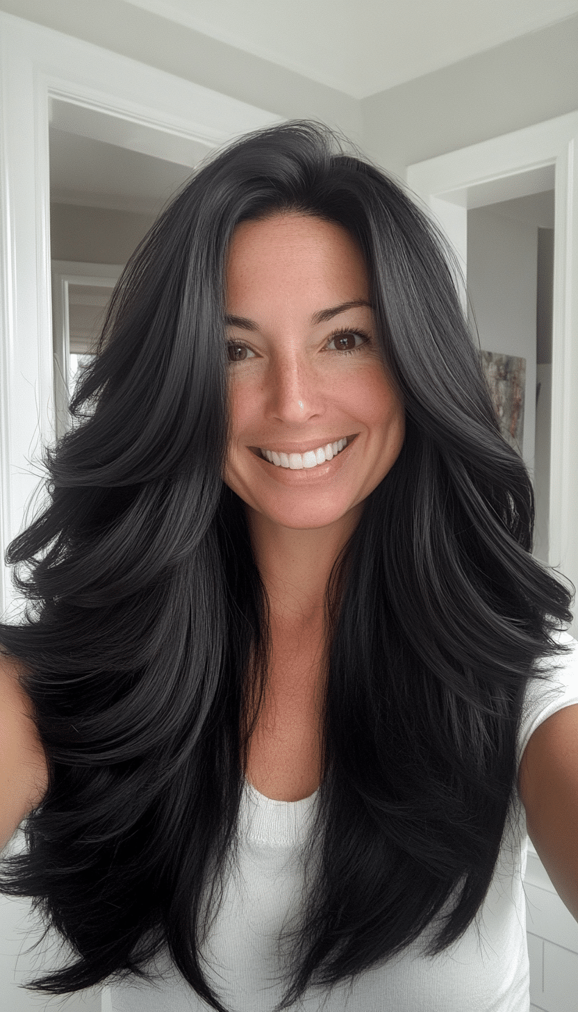 16. Natural Black Voluminous Layers (Long Hairstyles For Women Over 40) - Long Hairstyles For Women Over 40