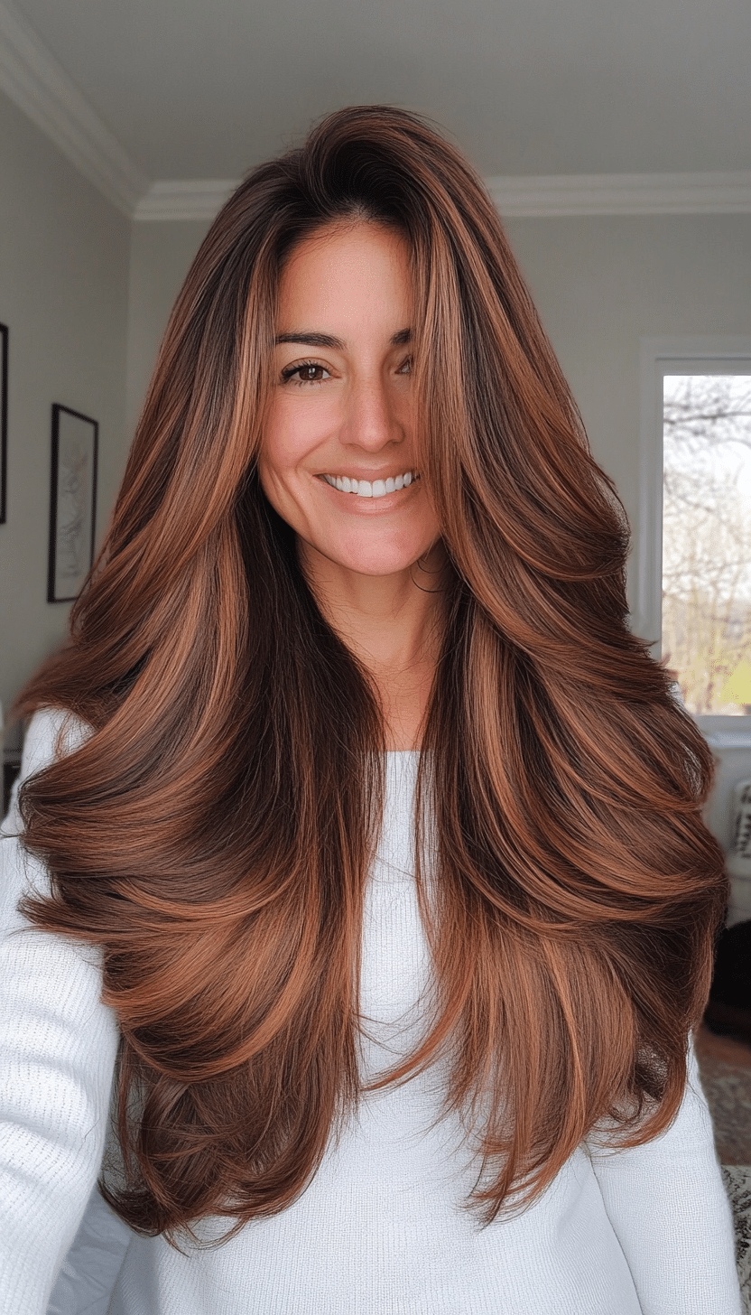 17. Walnut Brown Feathered Ends (Long Hairstyles For Women Over 40) - Long Hairstyles For Women Over 40