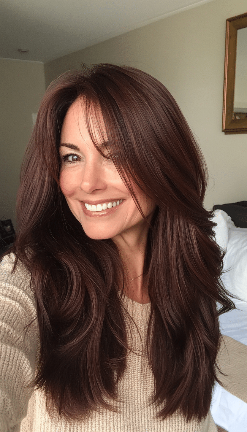 19. Warm Mahogany Soft Layers (Long Hairstyles For Women Over 40) - Long Hairstyles For Women Over 40