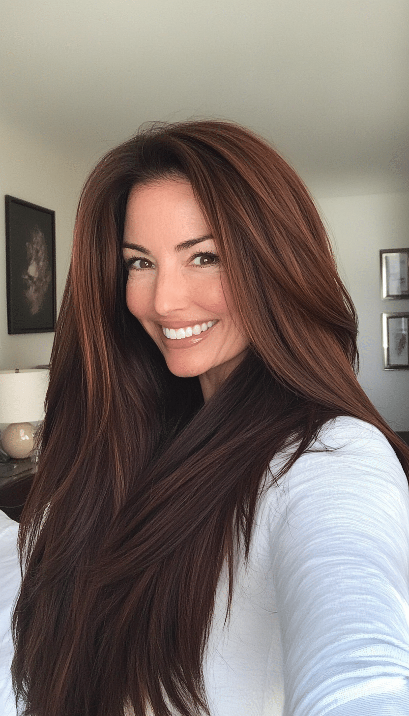 21. Dark Auburn Long Layers (Long Hairstyles For Women Over 40) - Long Hairstyles For Women Over 40