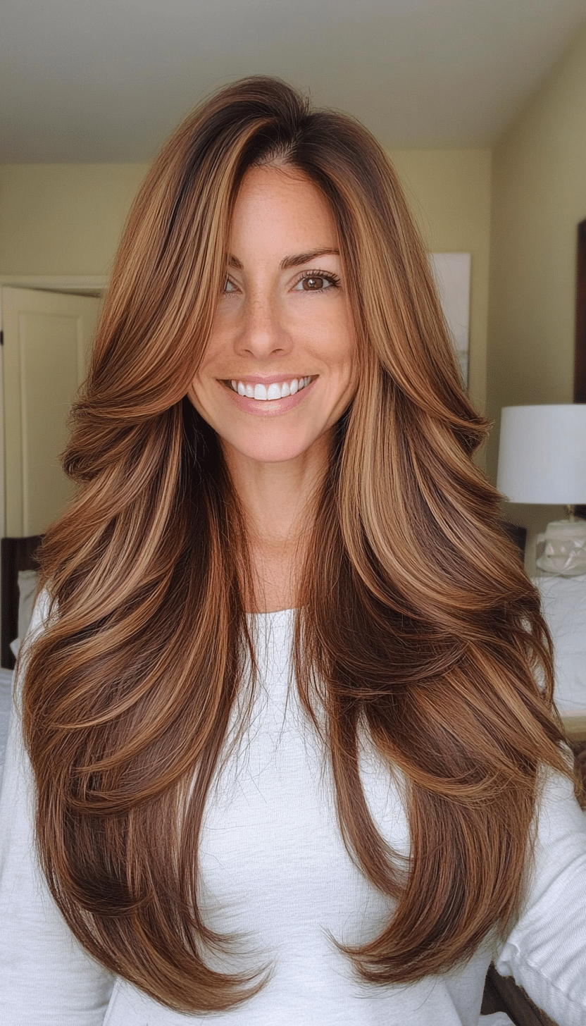 22. Caramel Brown Long Curtain Fringe (Long Hairstyles For Women Over 40) - Long Hairstyles For Women Over 40