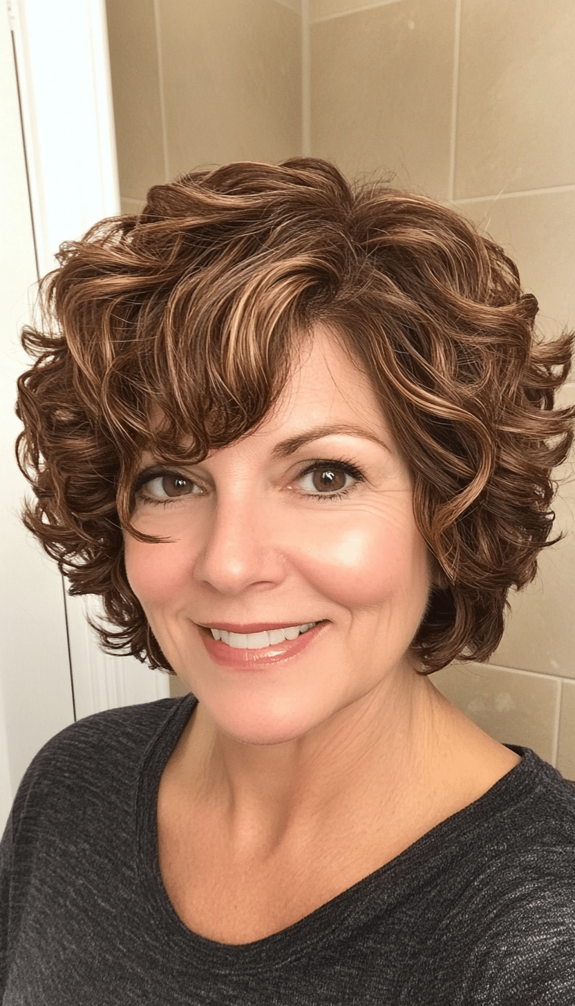 6. Curly Caramel Brown Bob (Short Bob Haircuts For Women Over 50) - Short Bob Haircuts For Women Over 50