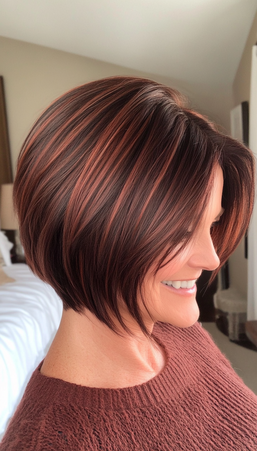 8. Layered Dark Auburn Bob (Short Bob Haircuts For Women Over 50) - Short Bob Haircuts For Women Over 50
