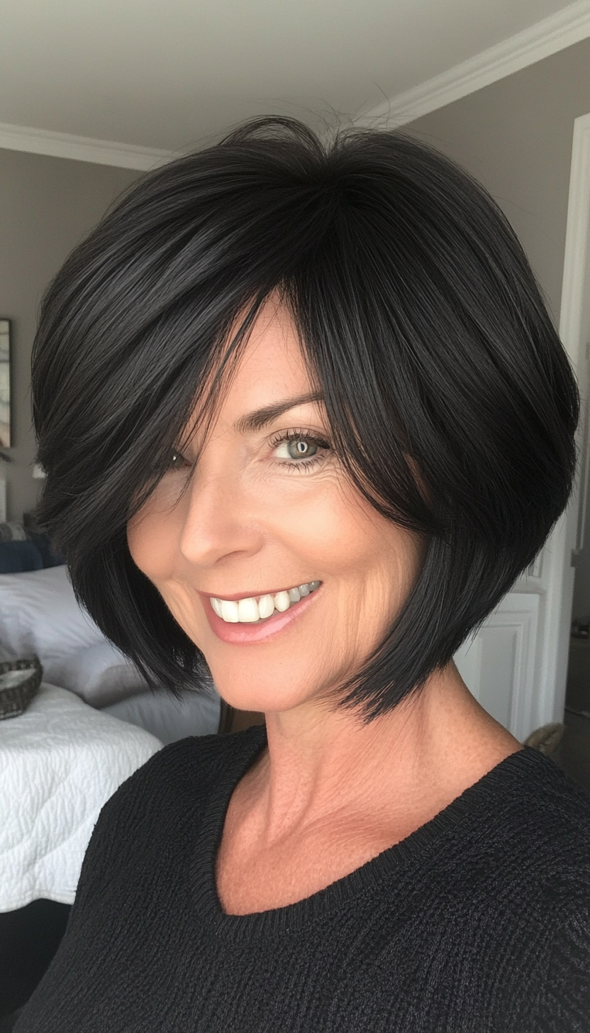 15. Short Layered Jet Black Bob (Short Bob Haircuts For Women Over 50) - Short Bob Haircuts For Women Over 50