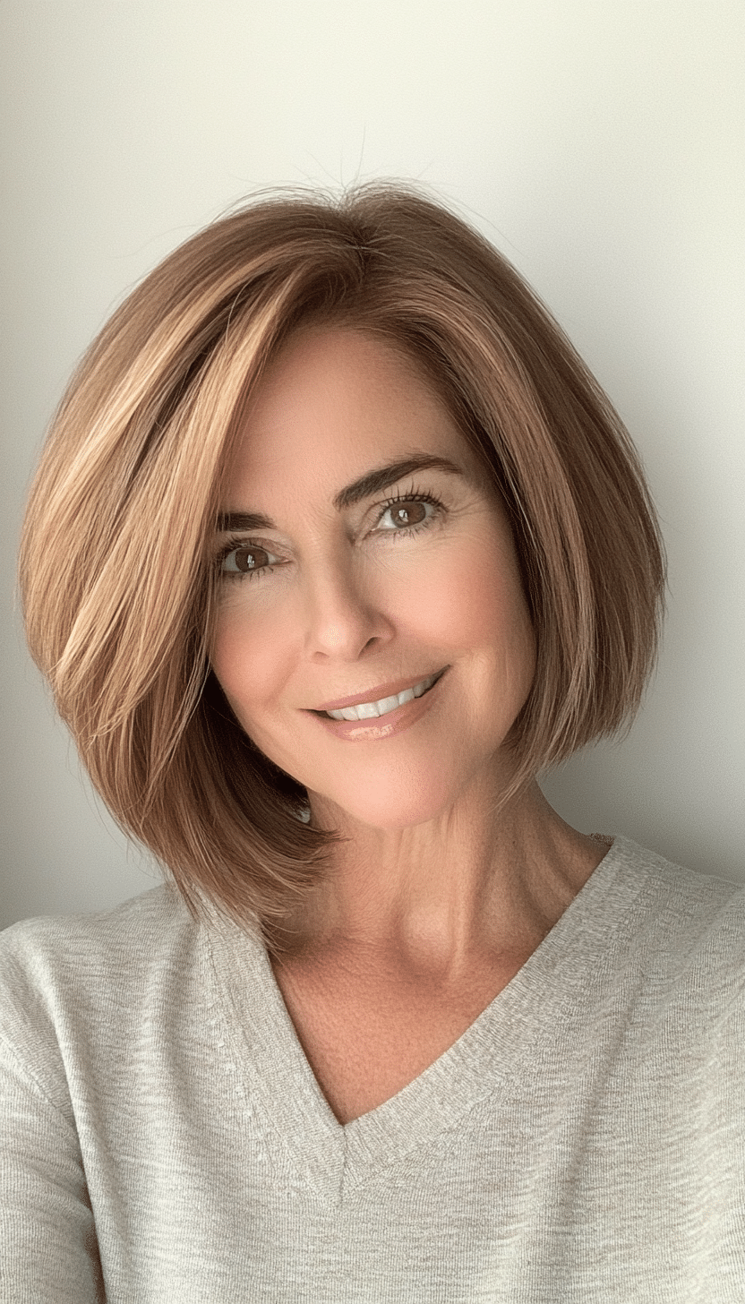 16. Side-Swept Light Brown Bob (Short Bob Haircuts For Women Over 50) - Short Bob Haircuts For Women Over 50