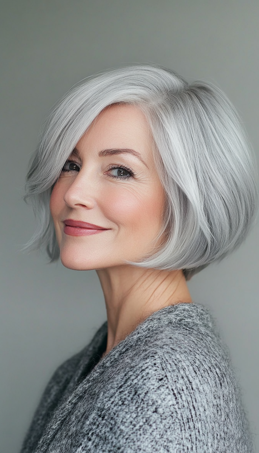 21. Feathered Silver-White Bob (Short Bob Haircuts For Women Over 50) - Short Bob Haircuts For Women Over 50