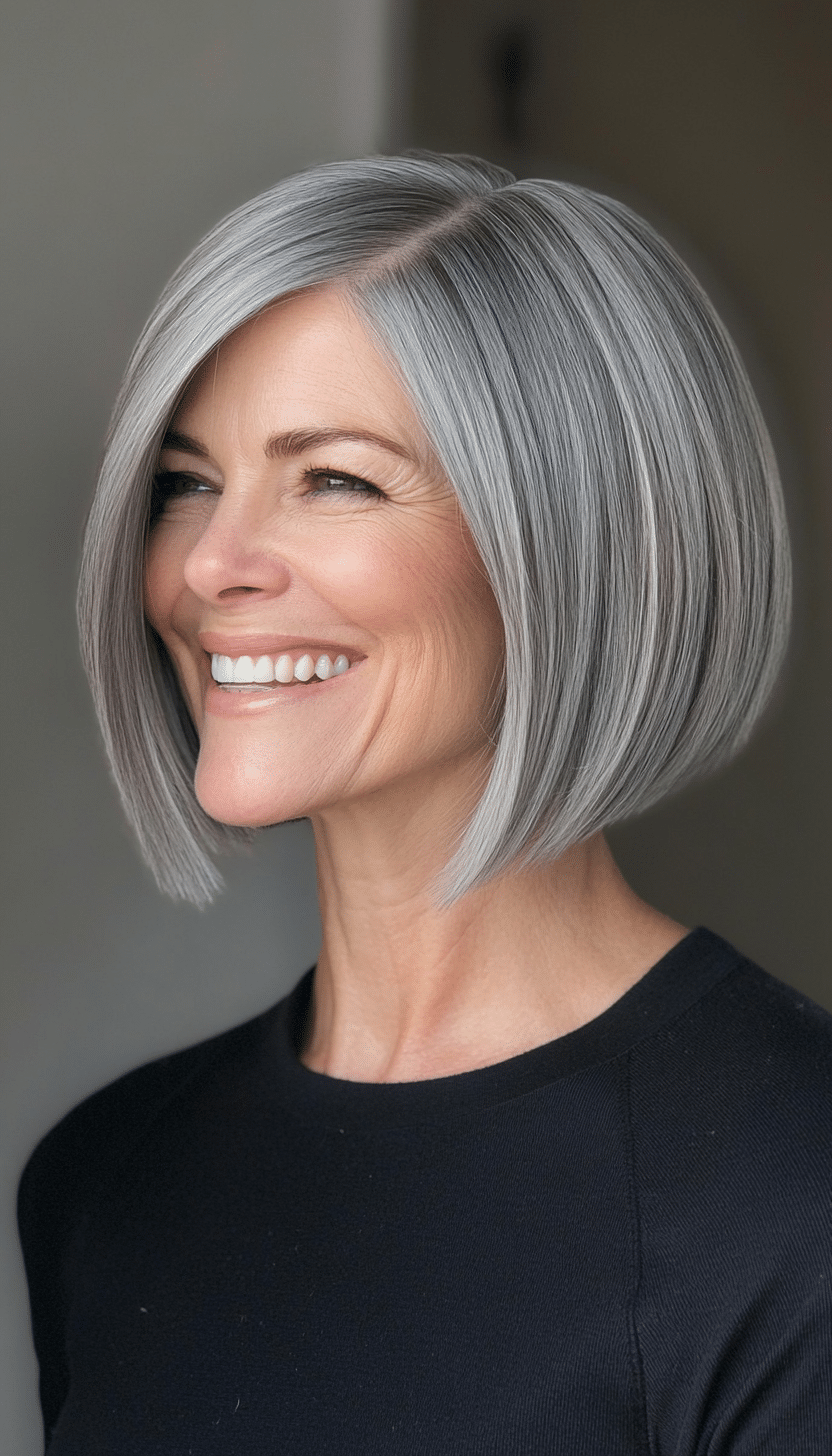 24. Blunt Gray Bob with Side Part (Short Bob Haircuts For Women Over 50) - Short Bob Haircuts For Women Over 50