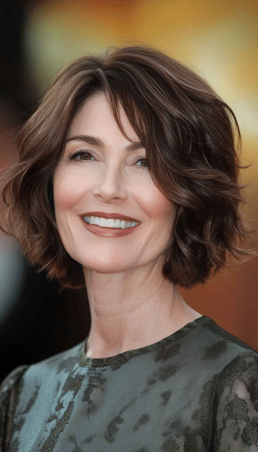 25. Wavy Brunette Layered Bob (Short Bob Haircuts For Women Over 50) - Short Bob Haircuts For Women Over 50