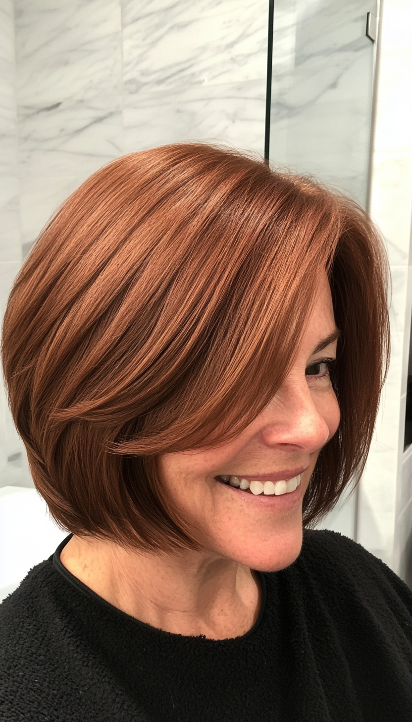 26. Chestnut Bob with Curtain Bangs (Short Bob Haircuts For Women Over 50) - Short Bob Haircuts For Women Over 50