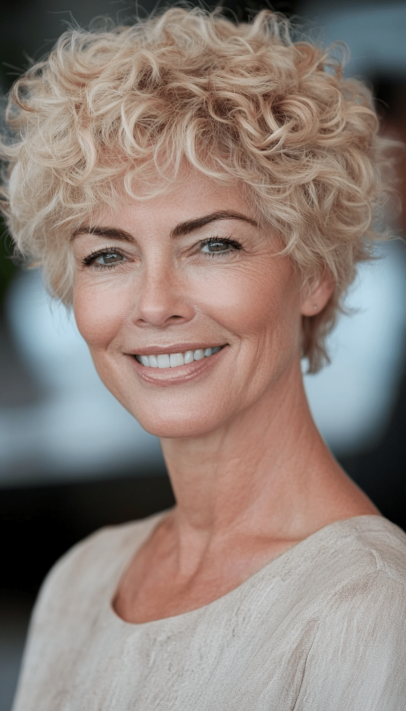 12. Beige Blonde Curly Pixie (Short Haircuts For Women Over 60 With Curly Hair) - Short Haircuts For Women Over 60 With Curly Hair