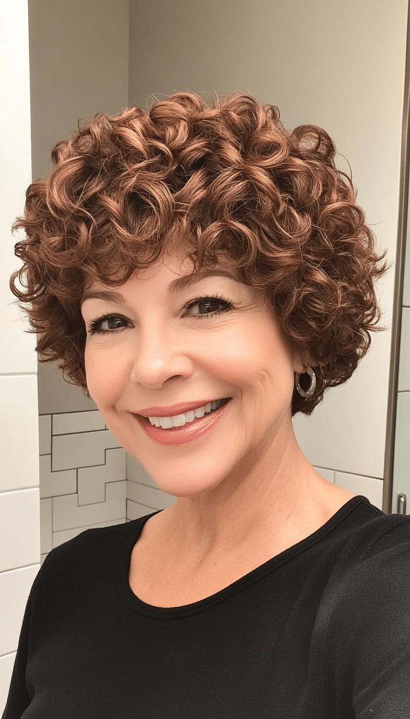 21. Warm Chestnut Short Curly Pixie (Short Haircuts For Women Over 60 With Curly Hair) - Short Haircuts For Women Over 60 With Curly Hair