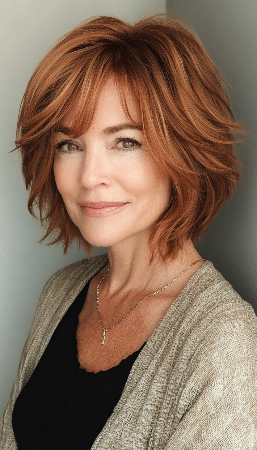 2. Classic Auburn Bob with Wispy Layers (Short Layered Hairstyles For Women Over 60) - Short Layered Hairstyles For Women Over 60