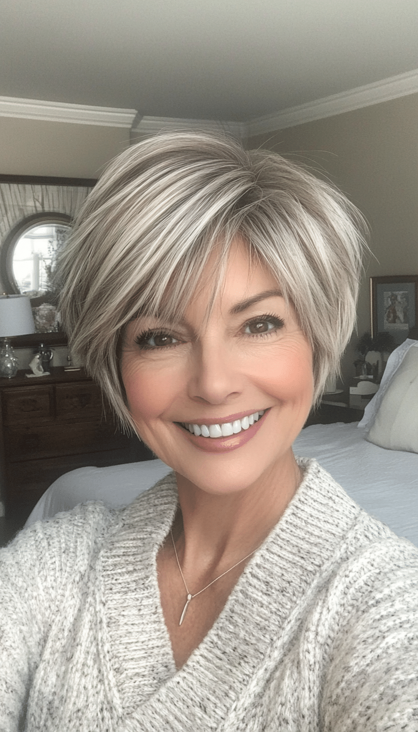 3. Salt-and-Pepper Feathered Layers (Short Layered Hairstyles For Women Over 60) - Short Layered Hairstyles For Women Over 60