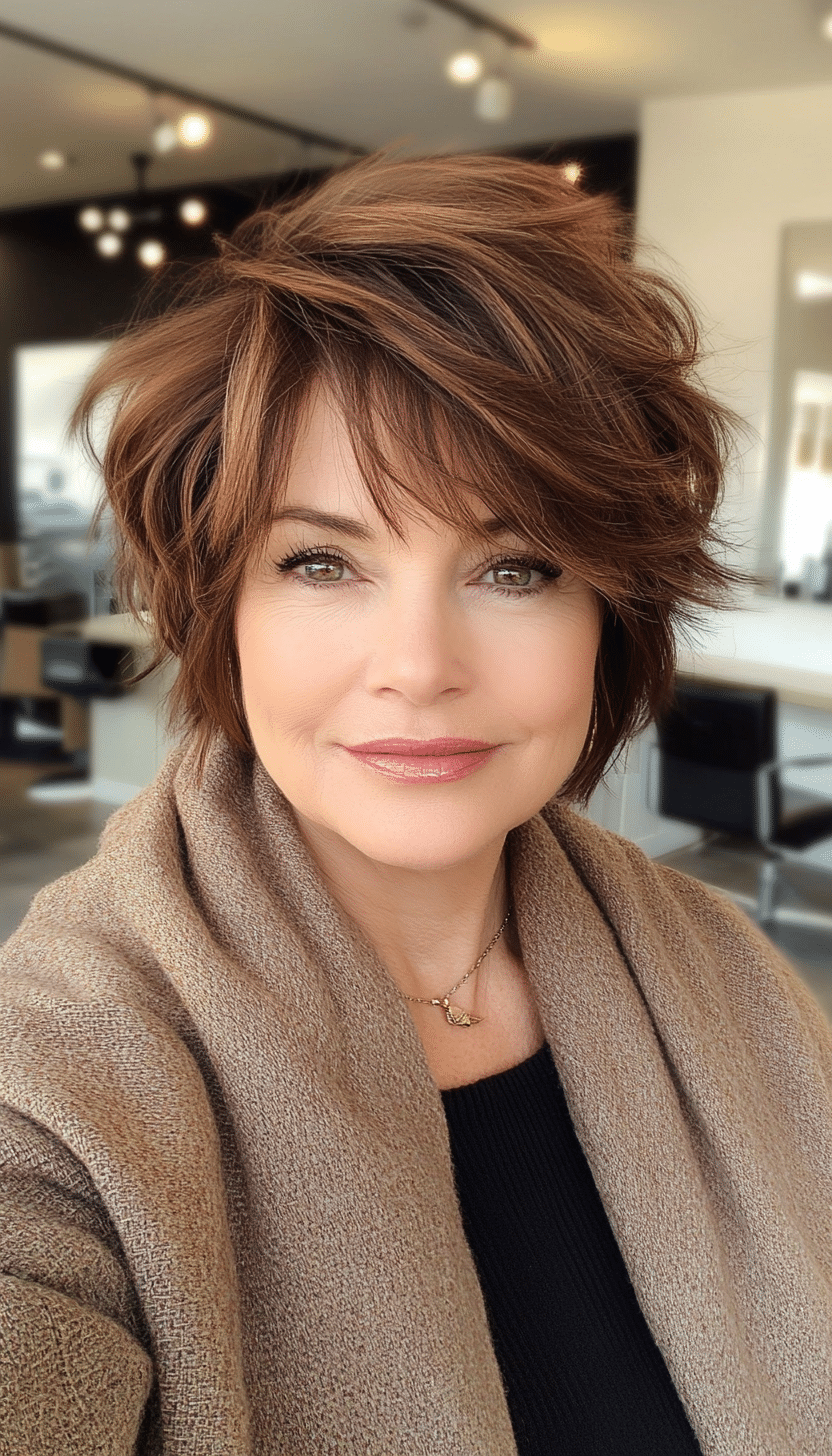 11. Chestnut Brown Short Feathered Layers (Short Layered Hairstyles For Women Over 60) - Short Layered Hairstyles For Women Over 60
