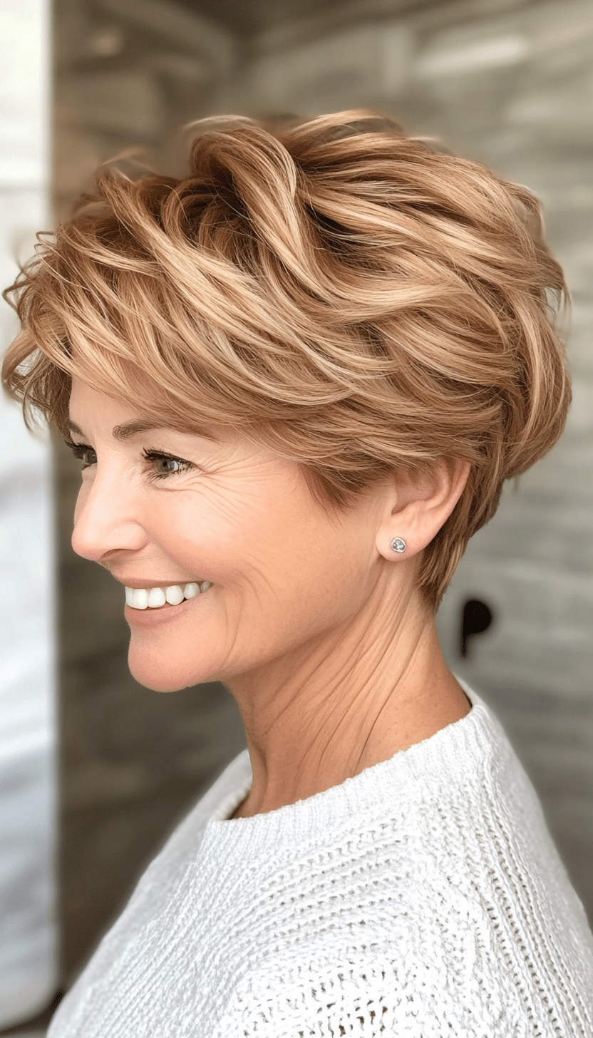 13. Caramel Blonde Tousled Pixie (Short Layered Hairstyles For Women Over 60) - Short Layered Hairstyles For Women Over 60